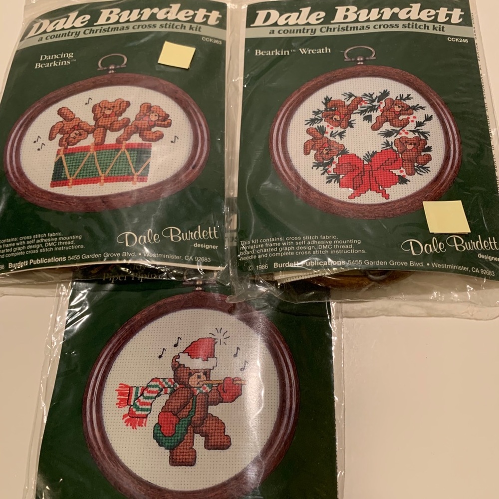 3 DALE BURDETT CHRISTMAS CROSS STITCH BEARS.